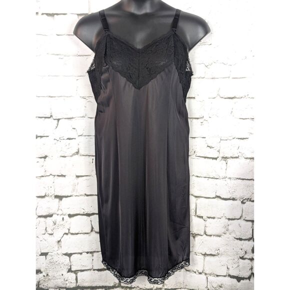 VINTAGE WONDERMAID Shiny Nylon Lace Slip USA Union Glamour Black Stretch Size 44 - Picture 1 of 6